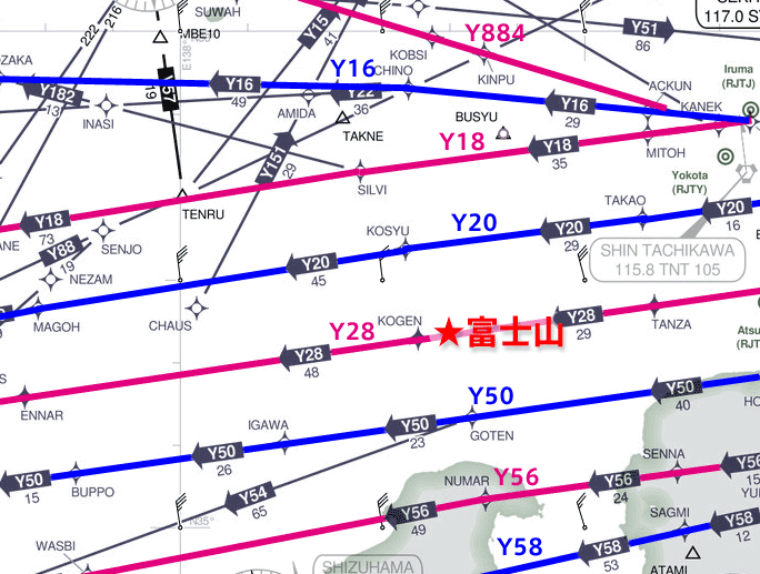 富士山周辺の航空路マップ