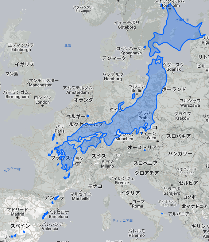 日本がヨーロッパにあった場合の地図